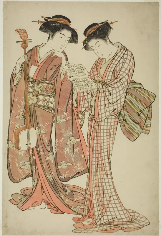 Two Geisha Holding a Shamisen and a Song Book Wall Art by Kitao Shigemasa - High-Resolution Digital Print