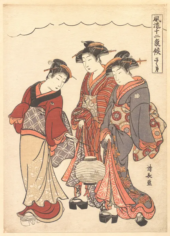 Two Geisha Preceded by a Maid Carrying a Lantern Wall Art by Torii Kiyonaga - High-Resolution Digital Print