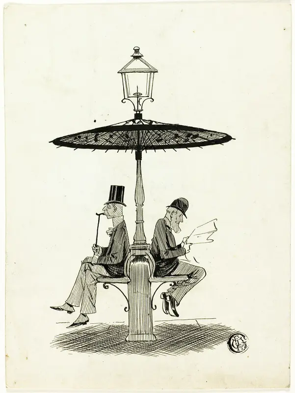 Two Gentlemen Seated Under Lamp Post with Japanese Umbrella Wall Art by S. F. Paynter - High-Resolution Digital Print