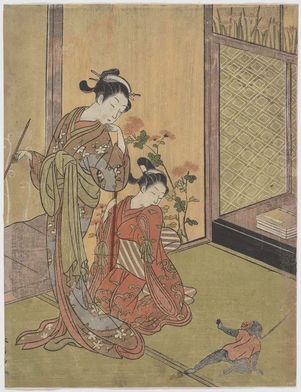 Two Girls Looking at a Monkey on a Leash