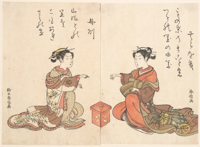 Two Girls Play the Finger Game of Kitsume Ken Wall Art by Suzuki Harunobu - High-Resolution Digital Print