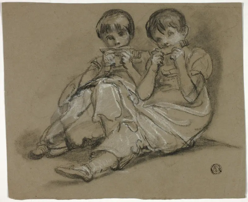 Two Girls Playing on Combs (recto); Sketch of Seated Woman with Fragment of Another Figure (verso) Wall Art by Thomas Barker - High-Resolution Digital Print