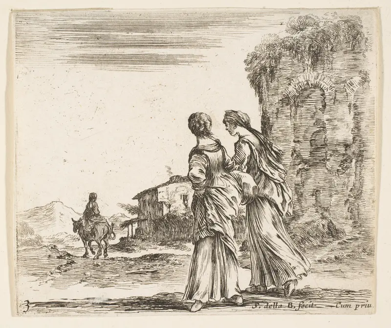 Two girls walking towards the left, seen from behind, a woman on a horse to left in background, plate 3 from "Diversi capricci" Wall Art by Stefano della Bella - High-Resolution Digital Print
