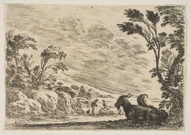Two goats resting to right, turned towards the left, four men and a horse in a river in the background, plate 9 from "Various Figures" (Agréable diversité de figures) Wall Art by Stefano della Bella - High-Resolution Digital Print