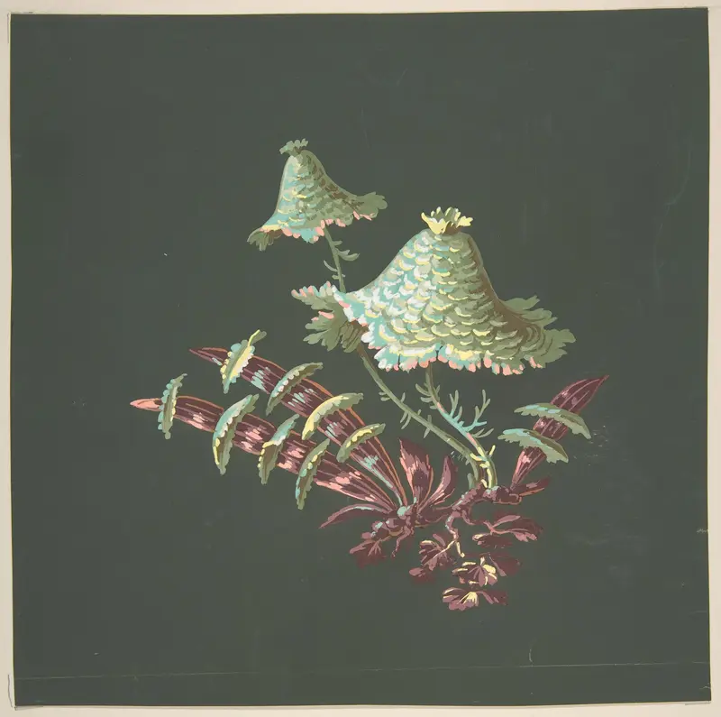 Two Hat-Shaped Chinoiserie Flowers with Fanciful Leaves Wall Art by Anonymous, French, 19th century - High-Resolution Digital Print