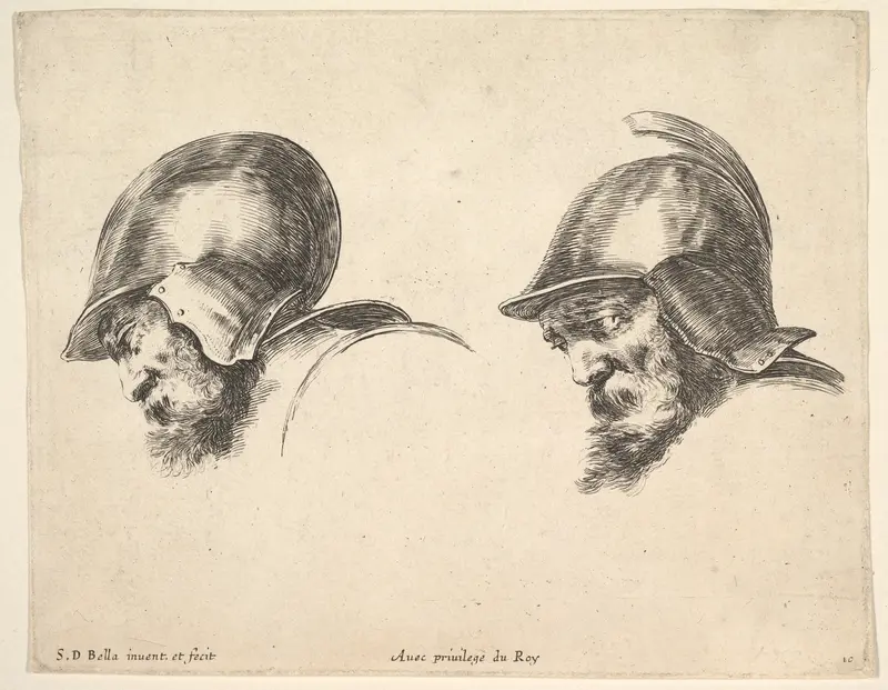 Two heads of old soldiers wearing helmets, both facing left and looking downwards, plate 10 from "The Principles of Design" (I principii del disegno) Wall Art by Stefano della Bella - High-Resolution Digital Print
