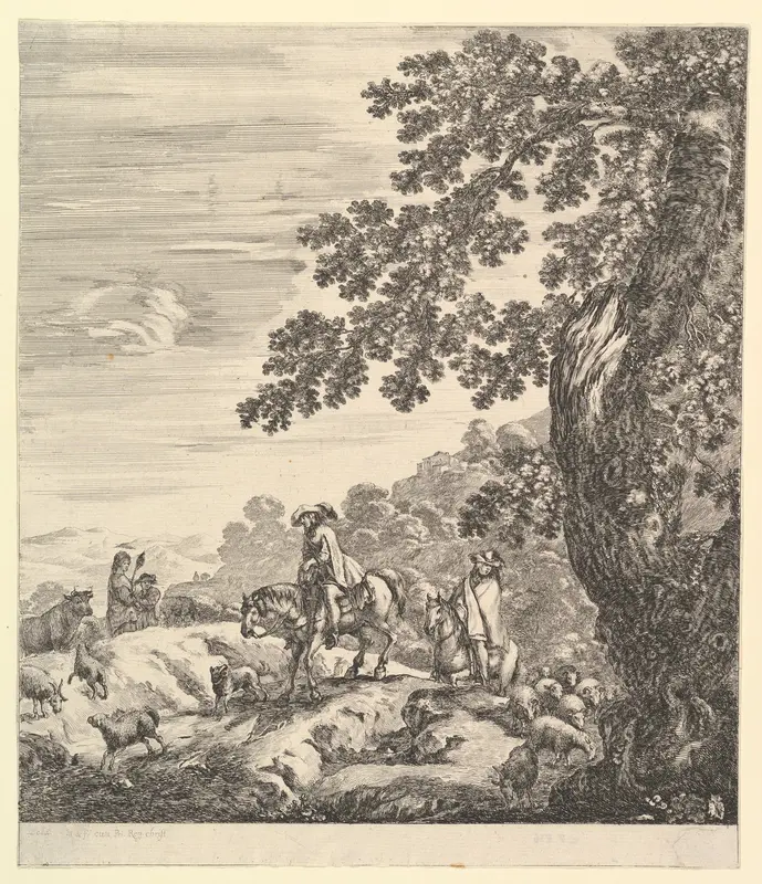 Two horsemen, a peasant woman and a young boy, with a large tree, from "Six large views, four of Rome and two of the Roman countryside" (Six grandes vues, dont quatre de Rome et deux de la Campagne romaine) Wall Art by Stefano della Bella - High-Resolution Digital Print