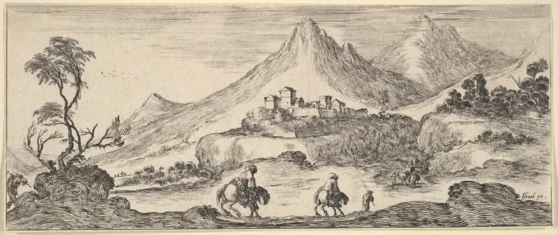 Two horsemen descend a hill in center, following another man on foot, a castle in the mountains in the center background, from "Various Landscapes" (Divers Paysages) Wall Art by Stefano della Bella - High-Resolution Digital Print