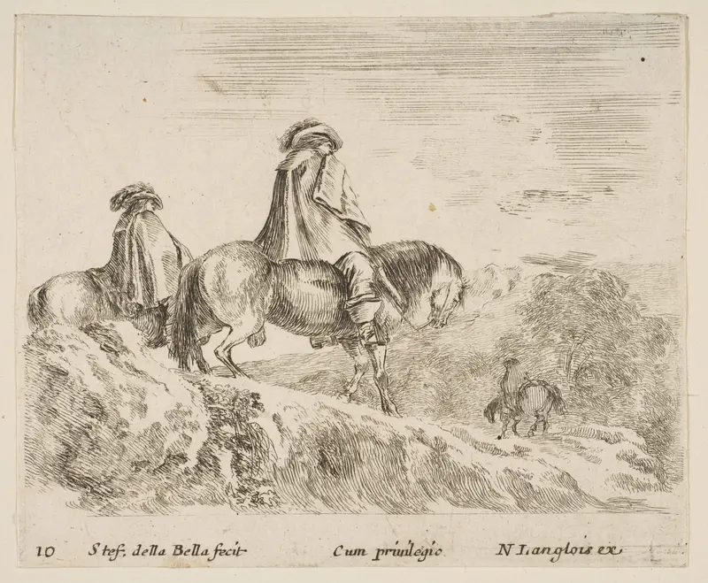 Two horsemen descending a mountain at left, another horseman to right in background, plate 10 from "Diversi capricci" Wall Art by Stefano della Bella - High-Resolution Digital Print