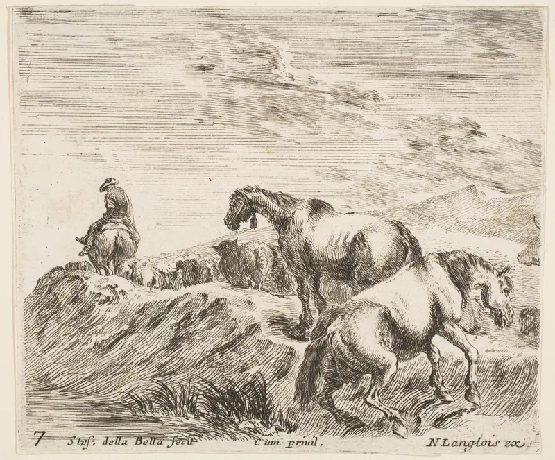 Two horses ascending the bank of a river at right, following a procession of horses and one horseman to the left, plate 7 from "Diversi capricci" Wall Art by Stefano della Bella - High-Resolution Digital Print
