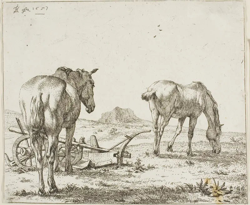 Two Horses by a Plough Wall Art by Karel Dujardin - High-Resolution Digital Print