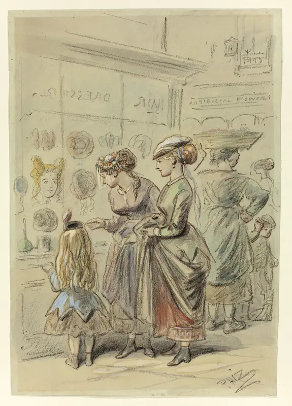 Two Ladies and Little Girl Before Hairdresser's Shop Wall Art by Hablot Knight Browne - High-Resolution Digital Print