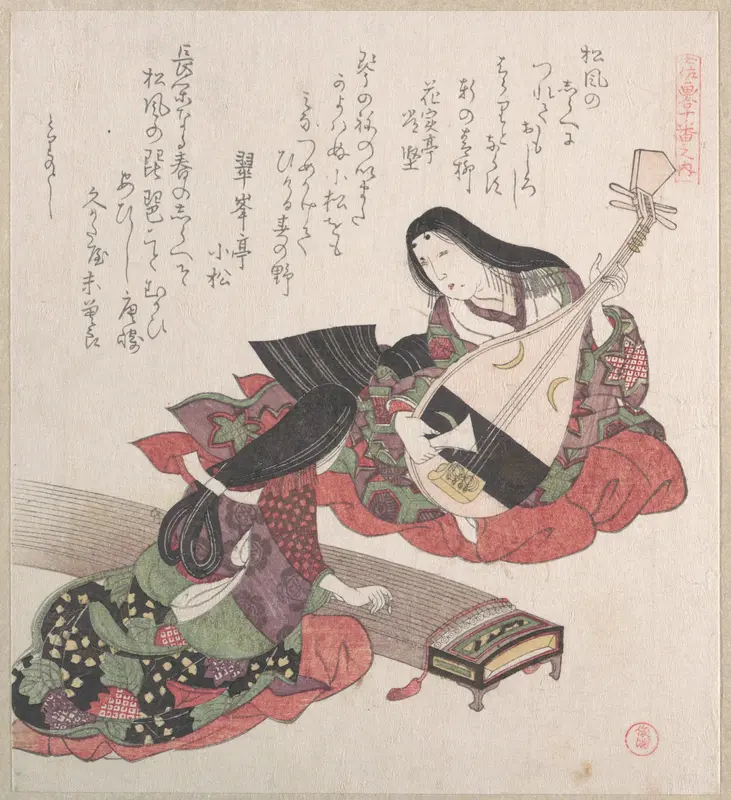 Two Ladies; One is Playing the Biwa (Japanese Lute) and the Other, the Koto (Japanese Harp) Wall Art by Kubo Shunman - High-Resolution Digital Print