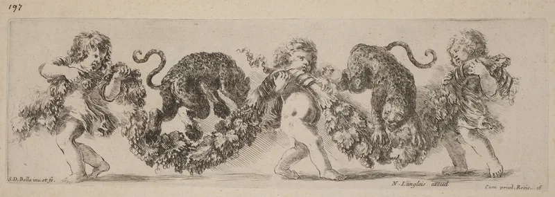Two Leopards Jumping a Festoon Supported by Children Wall Art by Stefano della Bella - High-Resolution Digital Print