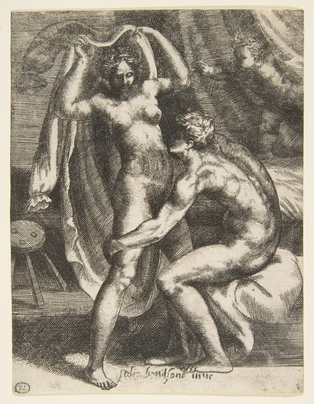 Two lovers, a man pulling a woman toward a bed, from "The Loves of the Gods" Wall Art by Giulio Bonasone - High-Resolution Digital Print