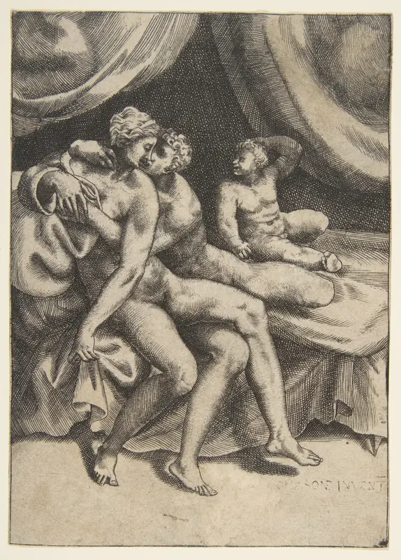 Two lovers on a bed, from "The Loves of the Gods" Wall Art by Giulio Bonasone - High-Resolution Digital Print