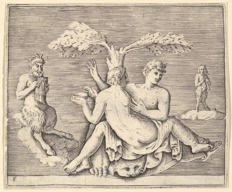 Two Lovers with Pan, from "Ex Antiquis Cameorum et Gemmae Delineata/ Liber Secundus/et ab Enea Vico Parmen Incis" Wall Art by Anonymous, Italian, 16th century - High-Resolution Digital Print