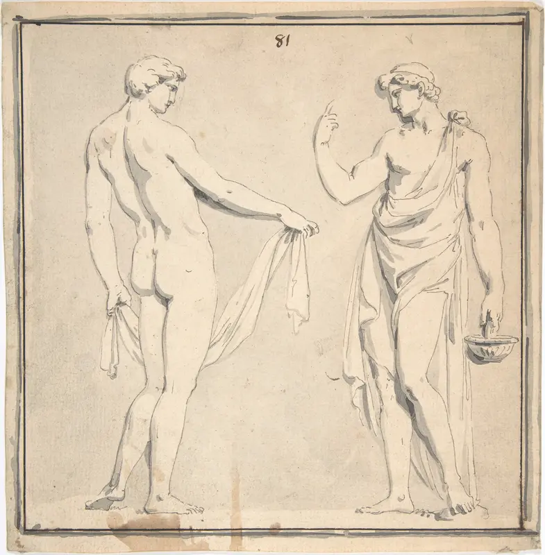 Two Male Figures, one holding a basket Wall Art by Anonymous, French, 18th century - High-Resolution Digital Print