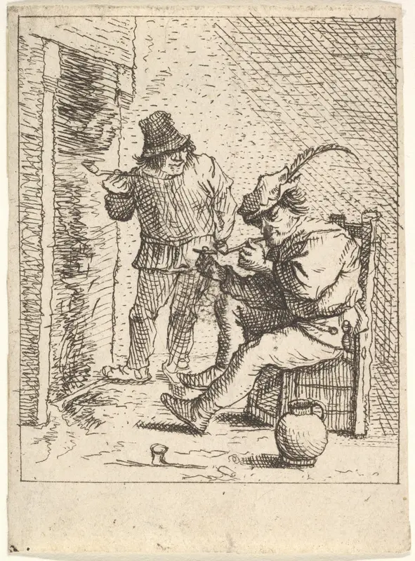 Two male peasants holding pipes before a fireplace, one seated with the pipe held to his mouth, to his left the other stands with the pipe in his right hand Wall Art by David Teniers the Younger - High-Resolution Digital Print