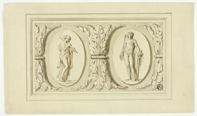 Two Medallions with Standing Figures of Omphale and Bacchus, Separated by Design of Acanthus Leaves Wall Art by Giovanni Battista Cipriani - High-Resolution Digital Print