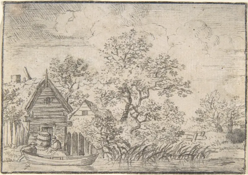 Two Men and a Boat by a House on the Water Wall Art by Anonymous, Dutch, 17th century - High-Resolution Digital Print