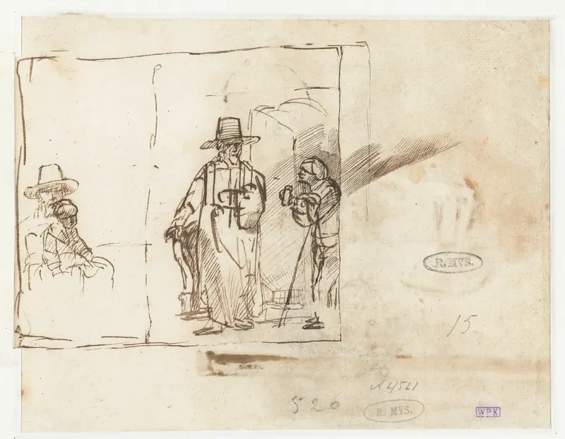 Two Men at a Door and a Seated Man with a Child on his Lap Wall Art by Unknown - High-Resolution Digital Print