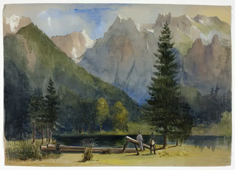 Two Men by Pond below Alps Wall Art by Unknown - High-Resolution Digital Print