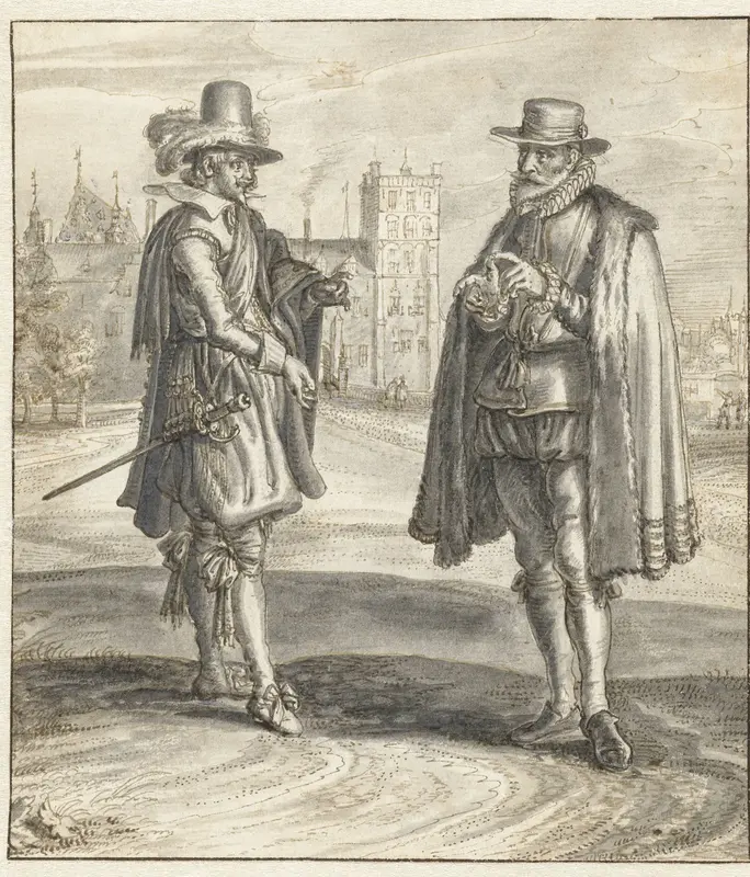 Two Men Conversing on the Buitenhof, with the Stadholder’s Quarters and the Ridderzaal in the Background Wall Art by Adriaen Pietersz van de Venne - High-Resolution Digital Print