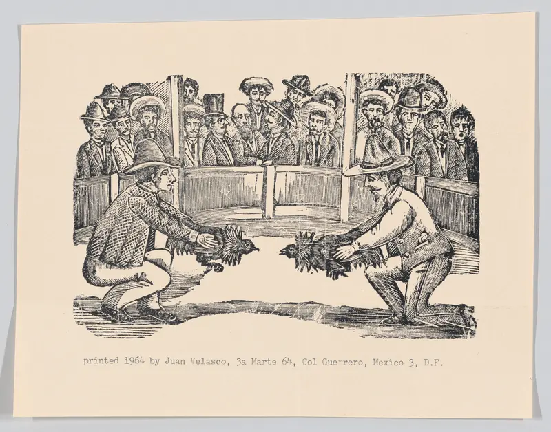 Two men in an arena holding cocks in preparation for a fight, spectators around the perimeter Wall Art by José Guadalupe Posada - High-Resolution Digital Print