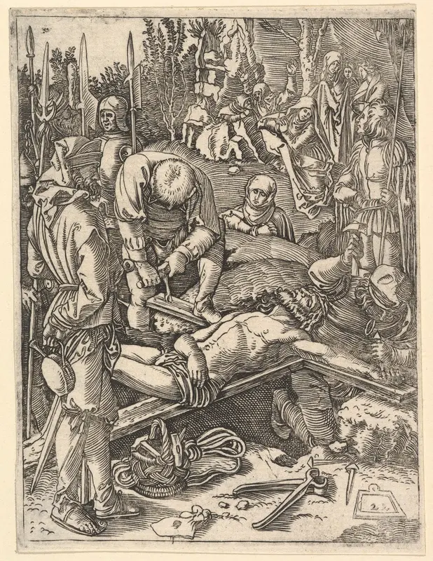 Two men nailing Christ to the cross before onlookers, from "The Passion of Christ", after Dürer