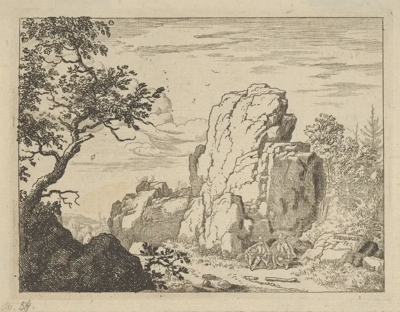 Two Men Seated at the Foot of a High Rock Wall Art by Allart van Everdingen - High-Resolution Digital Print