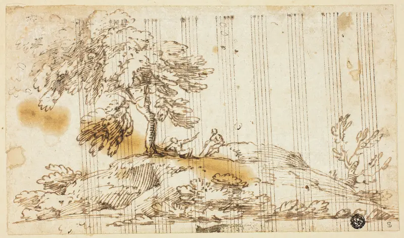 Two Men Seated under Tree on Hillside Wall Art by Giovanni Francesco Grimaldi - High-Resolution Digital Print