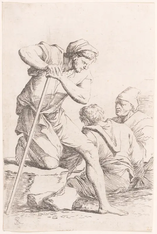 Two men sitting and another man holding a staff kneeling on a rock, from "Figurine" Wall Art by Salvator Rosa - High-Resolution Digital Print