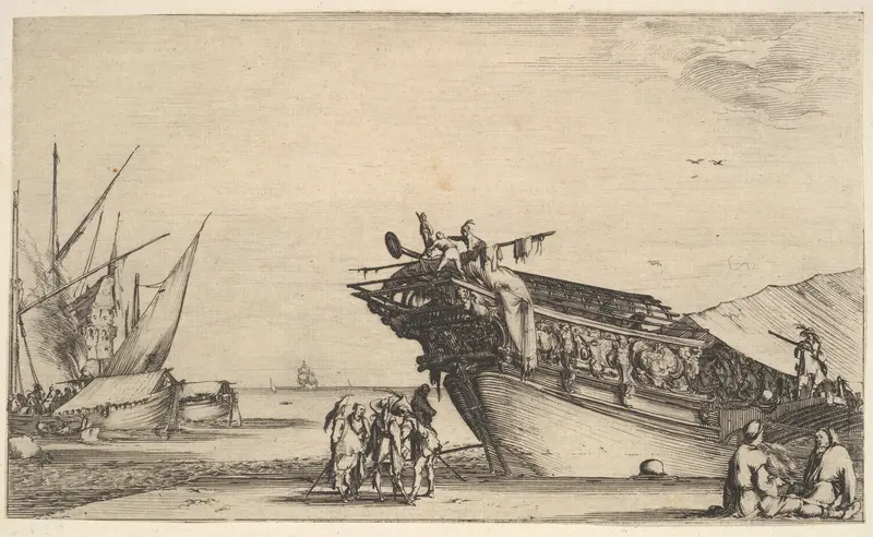 Two men sitting to right, one man is smoking, five men standing in center, the bow of a ship on shore to right, two other ships to left in the background, from "Set of eight nautical landscapes" (Suite de huit Marines) Wall Art by Stefano della Bella - High-Resolution Digital Print