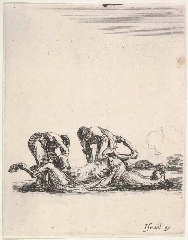 Two men skinning a horse that is lying on the ground with its hooves in the air, from "Various cavalry exercises" (Diverses exercices de cavalerie) Wall Art by Stefano della Bella - High-Resolution Digital Print