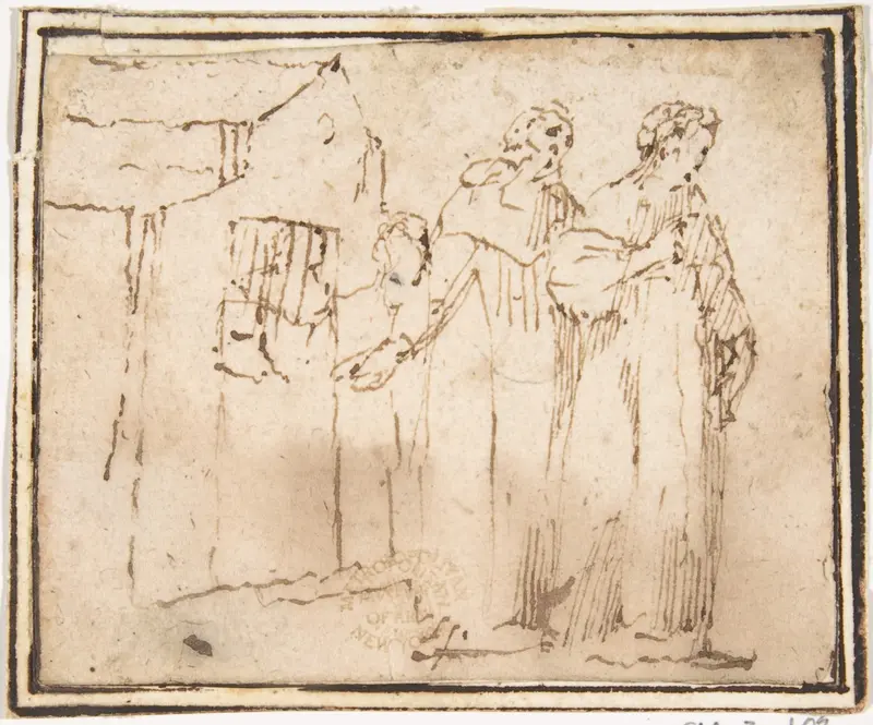 Two Monastic Figures Standing before a Church Wall Art by Francesco Allegrini - High-Resolution Digital Print