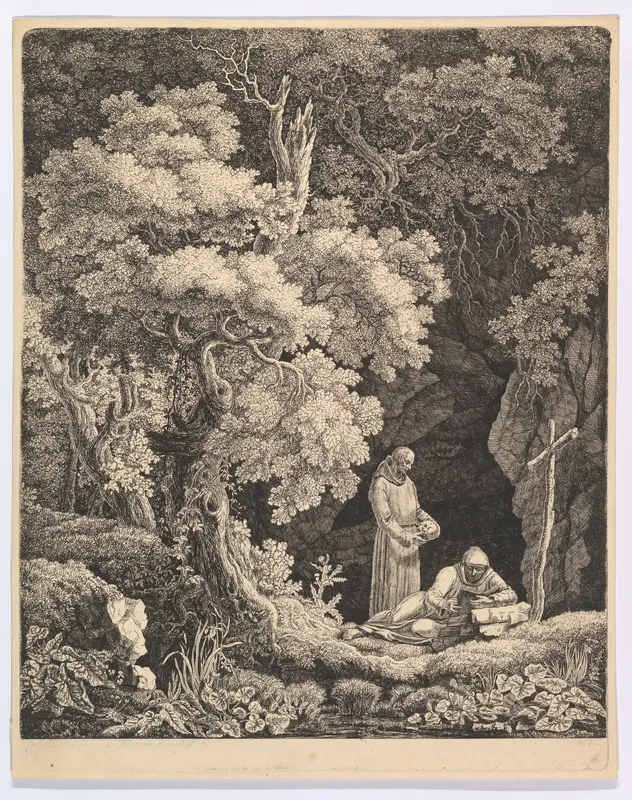 Two Monks in Contemplation in a Forest Wall Art by Carl Baron von Vittinghoff - High-Resolution Digital Print