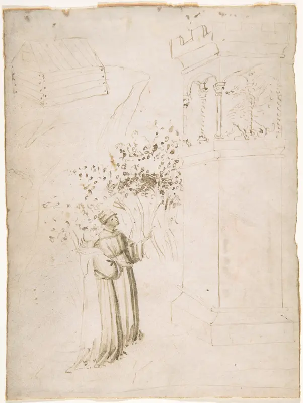 Two Monks Looking up at a Dragon in a Tower Wall Art by Anonymous, Italian, Tuscan, early 15th century - High-Resolution Digital Print