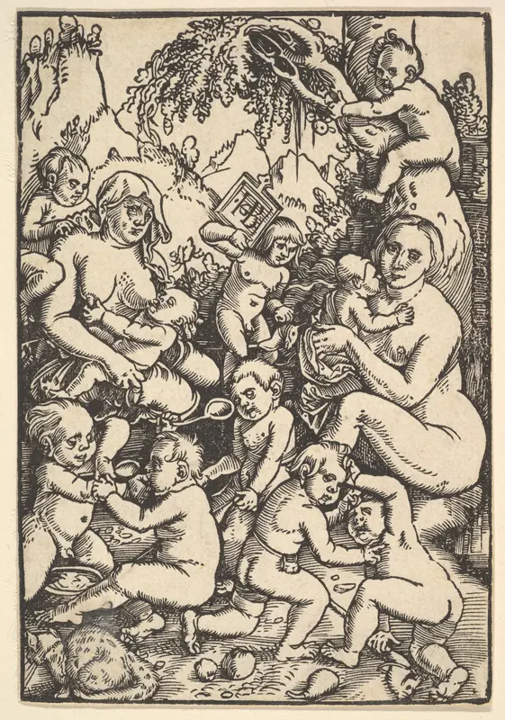 Two Mothers with Children (Die Kinderaue) Wall Art by Hans Baldung (called Hans Baldung Grien) - High-Resolution Digital Print
