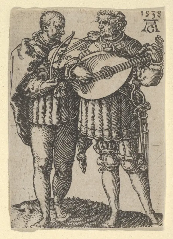Two Musicians Playing the Violin and the Lute, from "The Small Wedding Dancers" Wall Art by Heinrich Aldegrever - High-Resolution Digital Print