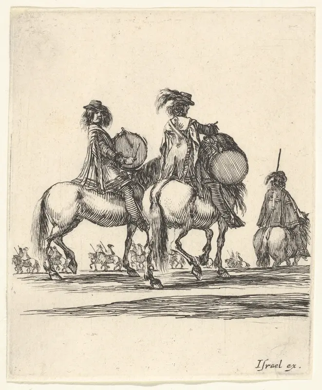 Two musketeers with drums on horseback following a procession to the right, from "Various cavalry exercises" (Diverses exercices de cavalerie) Wall Art by Stefano della Bella - High-Resolution Digital Print