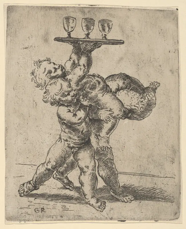 Two naked boys carrying a third who supports a tray with three goblets Wall Art by Anonymous, 17th century - High-Resolution Digital Print