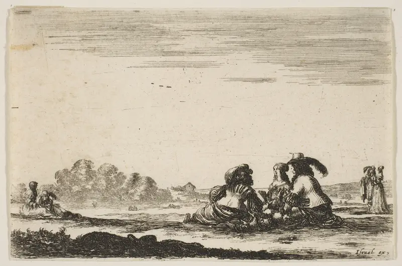 Two noblemen seated in center, seen from behind, conversing with a noblewoman seated between them, a noblewoman and man seated to left in background and standing to right in background, plate 7 from "Various Figures" (Agréable diversité de figures) Wall Art by Stefano della Bella - High-Resolution Digital Print
