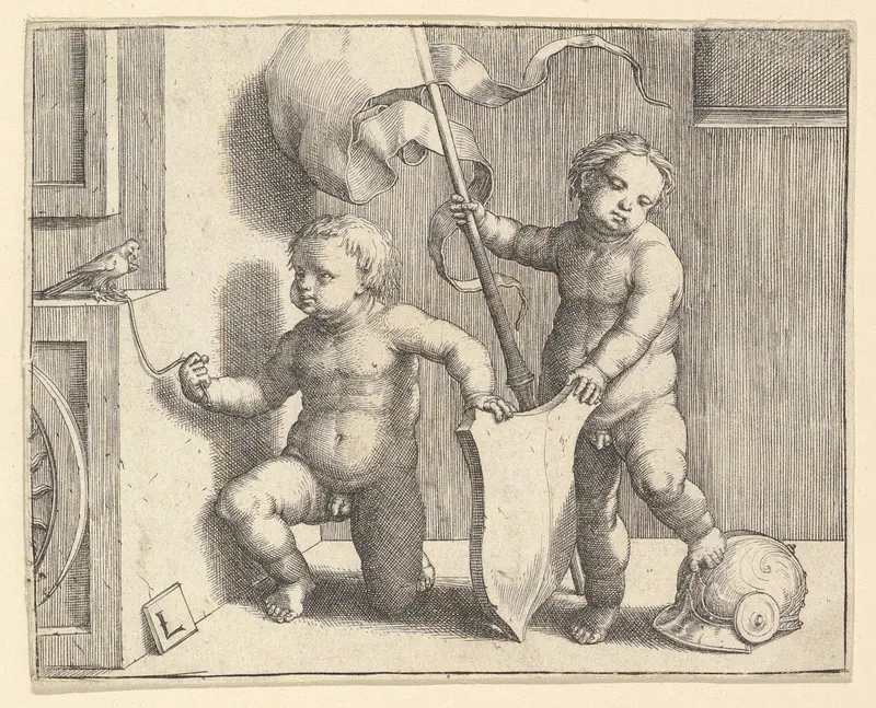 Two Nude Children Supporting a Blank Shield Wall Art by Lucas van Leyden - High-Resolution Digital Print