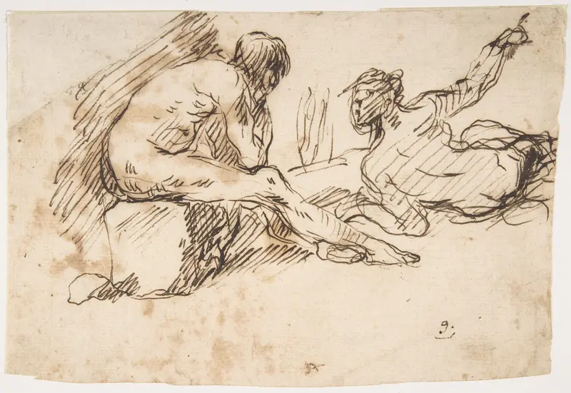 Two Nude Male Figures, One Seated and One Reclining Wall Art by Micco Spadaro (Domenico Gargiulo) - High-Resolution Digital Print