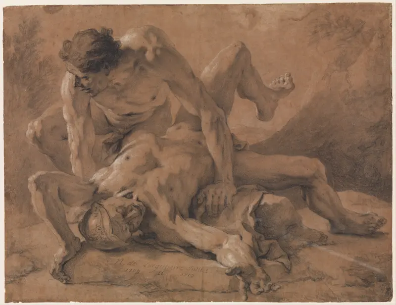 Two Nude Male Figures Struggling Together Wall Art by Nicolas de Largillierre (or Largillière) - High-Resolution Digital Print