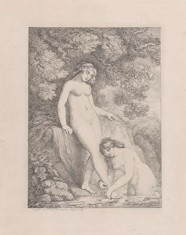Two Nymphs Bathing, One Washing the Other's Foot Wall Art by Thomas Rowlandson - High-Resolution Digital Print
