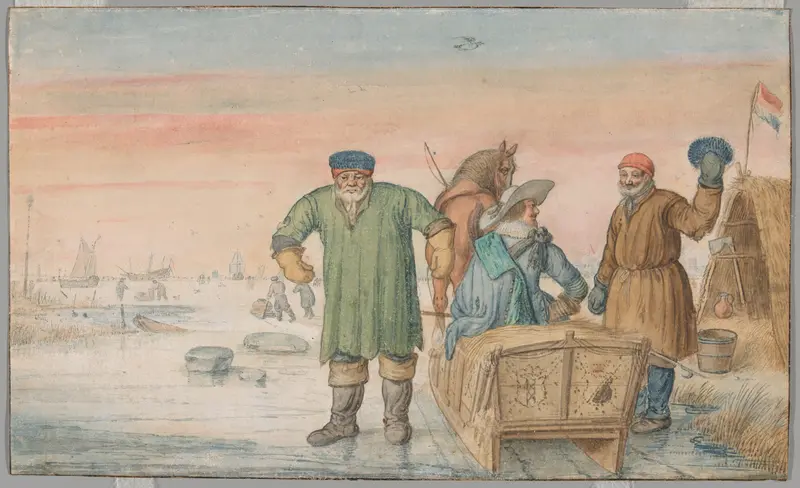Two Old Men beside a Sled Bearing the Coats of Arms of Amsterdam and Utrecht Wall Art by Hendric Avercamp - High-Resolution Digital Print