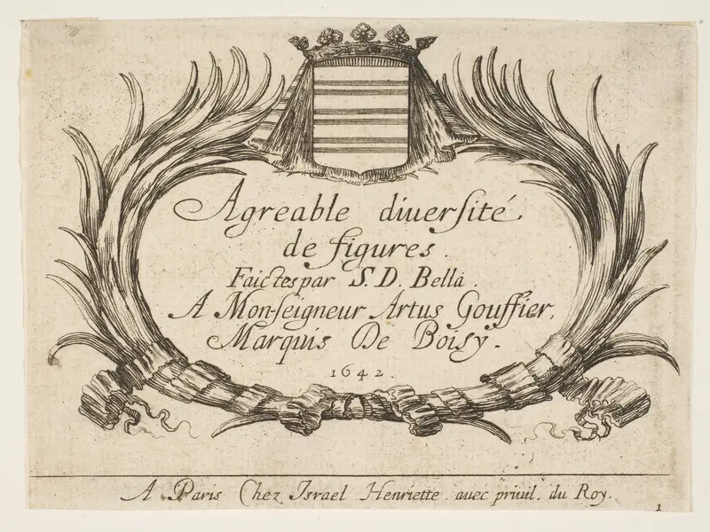 Two palms and a coat of arms frame the title and dedication, title page and plate 1 for "Various Figures" (Agréable diversité de figures) Wall Art by Stefano della Bella - High-Resolution Digital Print