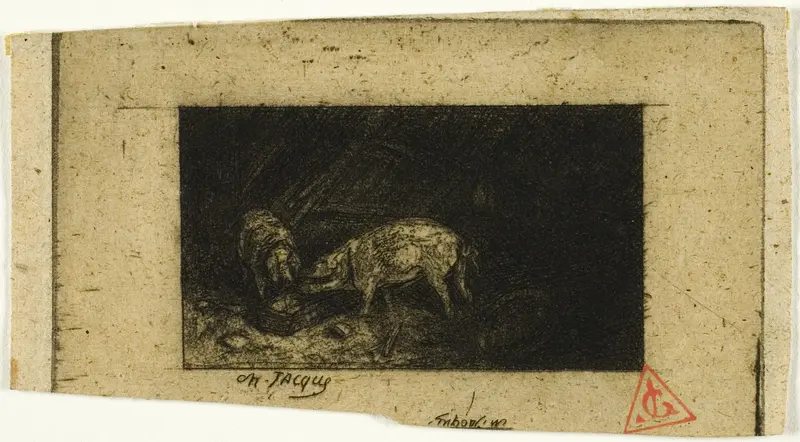 Two Pigs Eating from a Trough